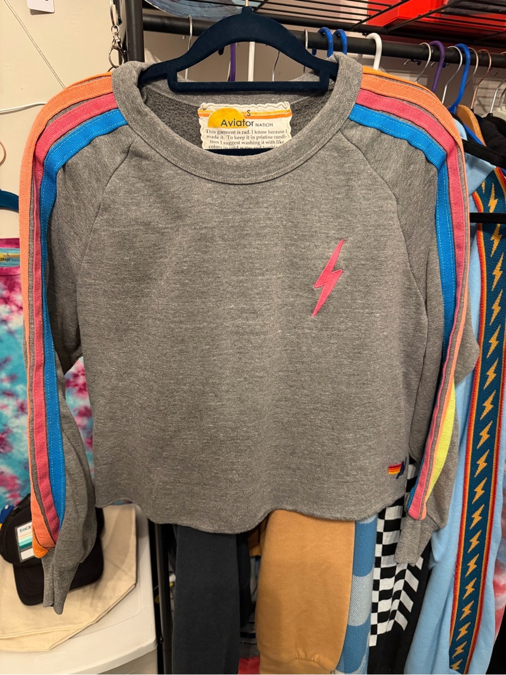 Aviator Nation Gray Sweatshirt with Pink Lightning & Rainbow Stripes